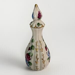 Vintage Bohemian Czech Hand Painted Perfume Bottle With Stopper 5” Floral Gold
